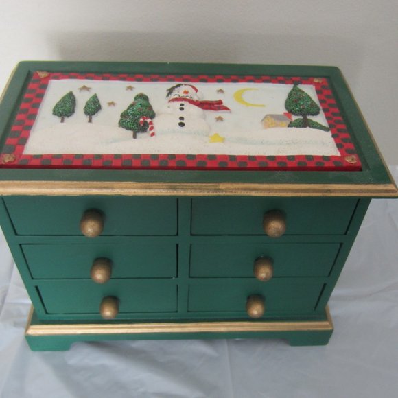 Christmas Holiday Wood Painted Snowman Small 6 Drawer Jewelry Trinket Box - Picture 2 of 11
